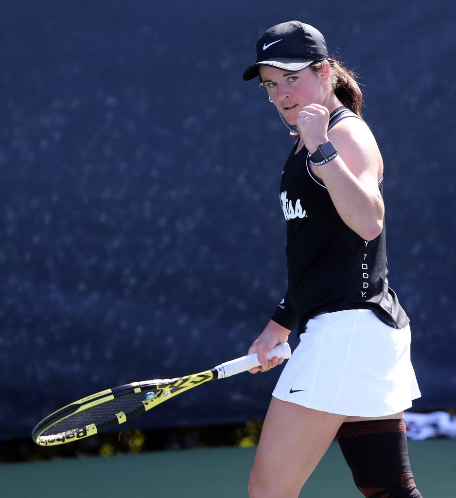 Tereza Janatova celebrates during a tennis game in which she competed against Tennessee.