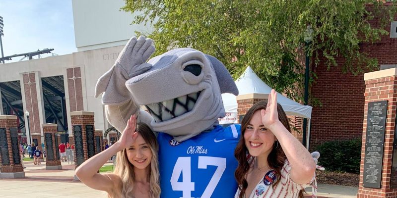 Taylor and her roommate, Kate Stallings, with Tony the Landshark at the Ole Miss vs. Arkansas football game, fall 2021. 
